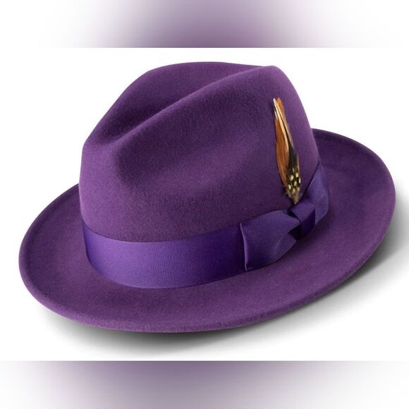 MEN'S MONTIQUE BLACKBERRY LIGHT FELT 2 1/2" WIDE BRIM PINCH FEDORA HAT. H60 - Picture 1 of 1